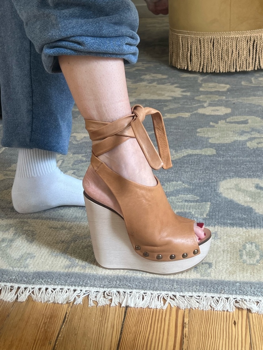 Chloe Tan Leather Ankle Wrap Platform